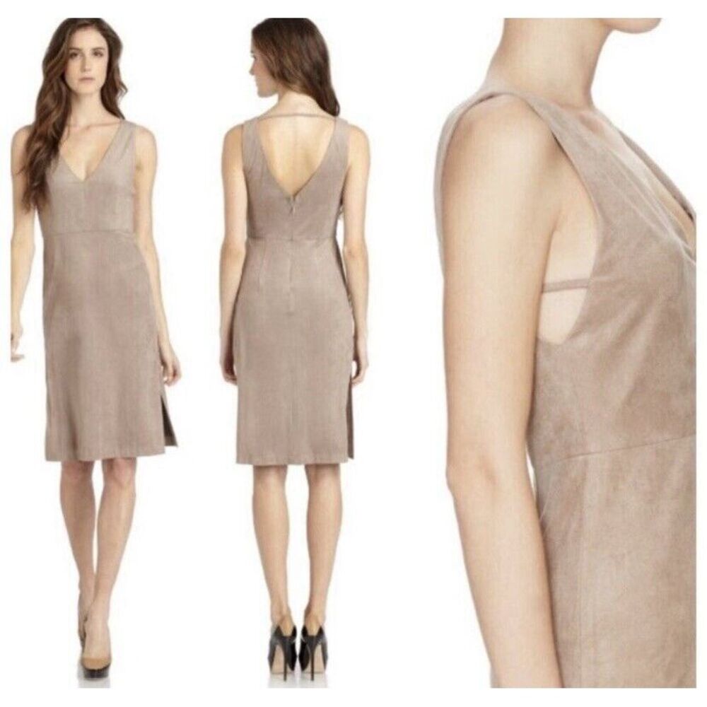 BCBGMaxAzria Sleeveless V-Neck Suede Mini Dress in Taupe